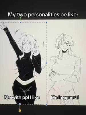 A split image with two digitally drawn figures representing different personalities. The left side shows a figure with joyful expression and raised arm, while the right figure shows a more reserved pose.