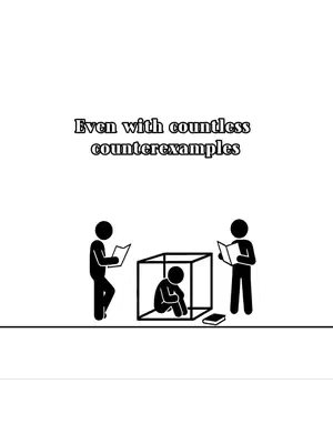 A stark black and white image. The top of the image has text overlaid and the main focus features stick figures: one seated in a box, and two others standing, holding books. The style is minimalistic.