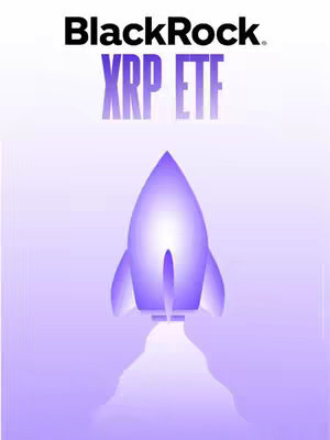 The cover image is a stylized graphic featuring a rocket ship launching upwards against a gradient purple backdrop. The BlackRock logo is at the top left, with the words "XRP ETF" stacked beneath it. The rocket is a simplified, rounded shape with a purple gradient, and the exhaust appears as white streaks.