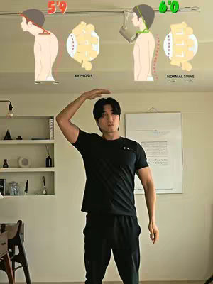 A man stands in a room, raising his right arm to touch the top of his head. Overlay images display posture comparisons and height illustrations. The setting appears to be a simple indoor space with neutral colors.