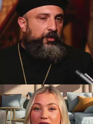 The cover image is split in half, featuring a man and a woman. The upper half shows a medium shot of a man with a beard and black hat delivering a speech. He has dark hair and a serious expression. The lower half shows a close-up of a woman with blonde hair, looking directly at the viewer with a questioning expression.
