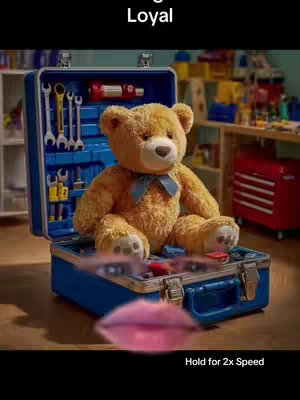 A teddy bear sitting inside of a blue toolbox, with a pair of pink lips superimposed in the foreground. The upper text of the image says "going loyal", the overall image is set in what appears to be a child's workshop based on the other elements.