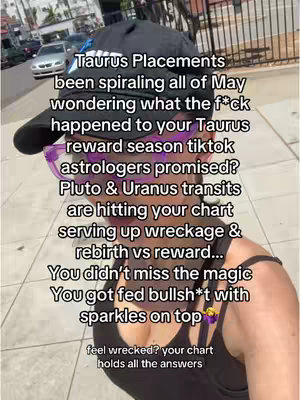 A selfie-style video cover image featuring a person outdoors with text overlay. The person is wearing a black baseball cap and sunglasses, slightly obscuring their face. Text is overlaid in a blocky, bold white font, discussing astrology and specific astrological placements.
