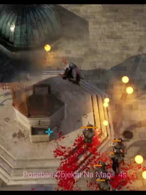 A top-down view of a video game scene with a building in the center. A character model, possibly a bird, kneels on the roof. The scene has a brownish color scheme. There are signs of combat, with blood splatters.