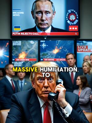 The cover image shows a split-screen perspective. The top portion features a screen displaying Vladimir Putin's face in a news broadcast with the headline "PUTIN REJECTS CALL." Below, it presents a close-up of Donald Trump on the phone, with a screen behind him showing headlines related to the Ukrainian war. The text overlay reads "MASSIVE HUMILIATION TO."