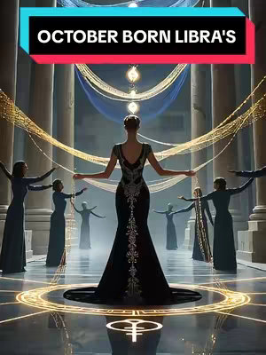 The image shows a woman in a black dress facing away from the camera, arms outstretched, as if controlling golden strings that connect to other figures and architectural details. The setting is a grand hall with tall white columns, a high ceiling, and a reflective floor that adds depth and symmetry. A banner with the overlaid text floats at the top.