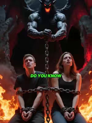 A digitally created image shows two people bound with chains looking upward with expressions of despair or fear while a menacing figure looms over them set against a backdrop of fire and darkness. Text overlayed on the image reads 'DO YOU KNOW'.