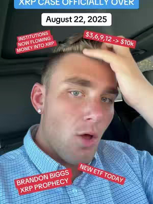 A selfie-style video cover image with a man in the foreground looking at the camera. Overlayed text elements include dates, financial predictions, and declarations about XRP.