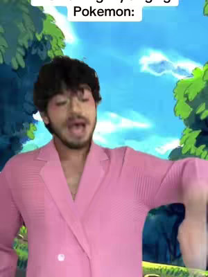 A person in a pink blazer is the central focus, positioned against a background of stylized trees, sky, and floating cartoon elements. The individual's mouth is open, and they appear to be singing. Text is placed near the top left corner of the image.
