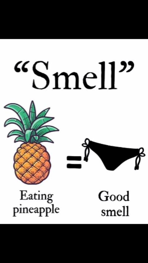 The image is a graphic that conveys a message about feminine hygiene with a humorous approach. The composition is centered on a field of white, and features a cartoon depiction of a pineapple alongside a black silhouette of bikini bottoms. The text is written with a simple sans-serif typeface in black. The image layout includes the words "'Smell'", placed above the pineapple and bikini with associated statements below them.