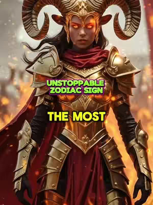 A digital illustration of a female warrior character in golden armor with flame effects in the background. Text overlays include "UNSTOPPABLE ZODIAC SIGN" and "THE MOST."