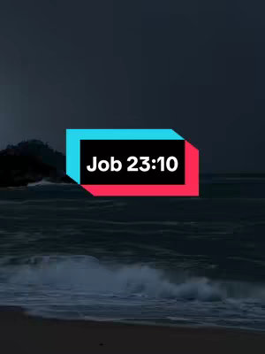 The image displays a dark, moody seascape. The sky is predominantly dark gray, possibly representing a storm or twilight. Below, the sea shows waves with white foam and a dark, reflective surface. The focal point is a rectangular text overlay with the text 'Job 23:10' in bold, white font on a black background with a cyan border at the top and a pink border at the bottom.