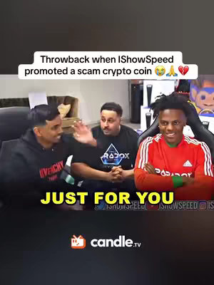 The cover image displays a screenshot from a video featuring three men in a room setting. IShowSpeed, wearing a red and white soccer-style jersey, is seated on the right, facing forward with a smile. The man in the middle wears a dark shirt with a graphic, while the man on the left, in a black hoodie, gestures with his hand, possibly toward IShowSpeed. The background appears to be a room or studio setup, with text overlay adding context. The bottom features a branding element for 'candle.tv'.