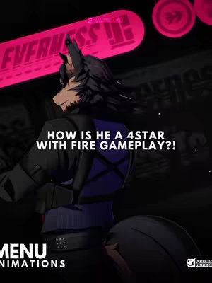 The image is a vertical graphic featuring an anime-style character, likely a wolf or canine anthropomorphic figure, against a dark, blurred, urban background. The character is the focal point, positioned in the center with the upper body visible, wearing what appears to be a dark outfit with a purple accent on the back. The character has dark hair and what seems to be a mask. A hook is overlaid on the image in capital white letters, 'HOW IS HE A 4STAR WITH FIRE GAMEPLAY?!'. Additional text elements are visible in a pink band at the top and at the bottom of the image, possibly containing game-related branding. The color palette uses a mix of dark tones with vibrant pink and white accents.