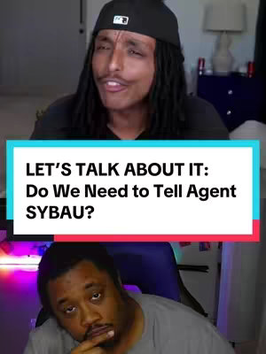 The image shows two individuals in a split-screen. The top half features a person with dreadlocks wearing a baseball cap, speaking towards the camera, while the bottom shows another person, presumably in a chair, looking downward.