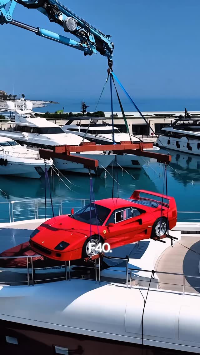 A red Ferrari F40 is suspended mid-air by a blue crane, positioned above a yacht. The yacht is docked in a marina filled with other luxury yachts under a clear, blue sky. The image captures a sense of opulence and spectacle.