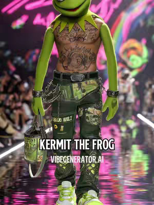 The image features a digitally altered Kermit the Frog doll on a fashion runway. Kermit is depicted with a muscular, tattooed torso, wearing a punk-inspired outfit with ripped camouflage pants, a black belt, and chain accessories. The background is a blurry view of a fashion show.