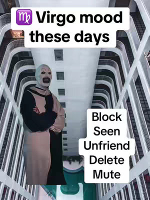 The image features a person in a clown costume with a white face, black and tan clothing, standing in front of a white and grey architectural background. Text overlays, styled in a clean white font, say 'Virgo mood these days', and a list including 'Block', 'Seen', 'Unfriend', 'Delete', and 'Mute'.