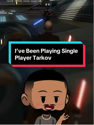 The cover image is composed of two main layers. The foreground features a cartoon illustration of a Black man with a beard and a stylized haircut. He is smiling with pink blush on his cheeks, wearing a casual t-shirt and a necklace. To the right of his head hangs a red lightsaber. The background depicts a scene from a video game, possibly Star Wars, with two figures engaged in a lightsaber duel. A text overlay at the top of the screen is displayed.