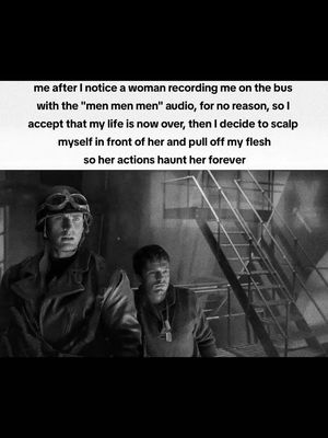 A grayscale image from what appears to be an older film. Two men are positioned in the foreground, one wearing a helmet with goggles, looking concerned. Text is overlaid on the image describing a disturbing scenario.