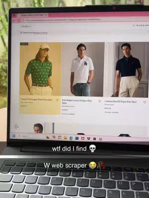 A laptop screen displays a website showcasing various polo shirts, with three different shirt options visible. Overlayed onto the screen are the phrases 'wtf did I find' and 'W web scraper' in white text, accompanied by a skull emoji and a crying emoji.