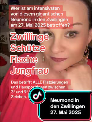 A woman is centered, her face close up, looking directly at the camera. Overlaid are several text elements, including questions and answers about astrology, formatted in large, bold fonts, with a TikTok logo in the corner.