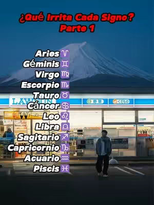 The cover image features text at the top that reads, '¿Qué Irrita Cada Signo? Parte 1'. Below, a list of zodiac signs is presented: Aries, Géminis, Virgo, Escorpio, Tauro, Cáncer, Leo, Libra, Sagitario, Capricornio, Acuario, and Piscis, each with its corresponding symbol. Behind the text and list is a backdrop of a mountain and a building that appears to be a convenience store. A person wearing a jacket is casually walking in front of the building.