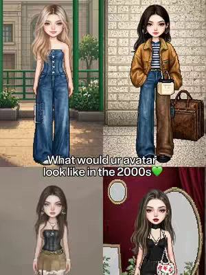 The cover image is a collage of four stylized digital illustrations of female figures. The figures are presented in pairs across the screen. The top left shows a woman with blonde hair wearing a blue denim jumpsuit. To her right, another woman with brunette hair is wearing a brown jacket and denim pants. Below, the left shows another figure, with dark hair, in a black outfit. The figure on the right mirrored a look, adding a white handbag detail. The background setting changes drastically from a classic outdoor setting, to a brick wall to a vibrant burgundy wall.
