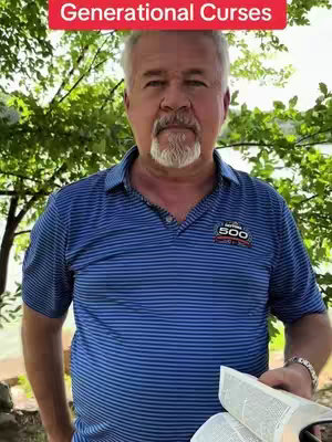 The cover image features a middle-aged man with gray hair and a goatee, positioned in front of a blurred green background of foliage. He's wearing a blue striped polo shirt and is holding an open book with text in his hands. A red banner at the top of the image reads, 'Generational Curses.'