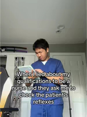 A young man in blue scrubs stands in front of a plain white wall, holding a tablet and looking down pensively. Text overlay is positioned over the image.