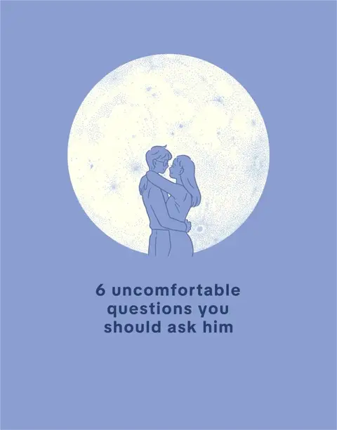 An illustration with a light purple background. In the center, a large, circular shape resembling the moon dominates the scene. Silhouetted against the moon is a couple embracing, their bodies close. Below the moon, text in a sans-serif font reads, '6 uncomfortable questions you should ask him'. The overall composition uses a minimalist, line-art style with soft color palette of purples and white.