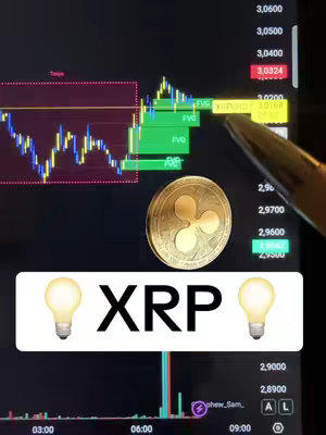 The cover image displays a screen showing a cryptocurrency chart, specifically for XRP. The chart is overlaid with green and red indicators, and a golden XRP coin is placed in the center. A pen points to a specific point on the chart. The text "XRP" is prominently displayed at the bottom, flanked by lightbulb emojis.