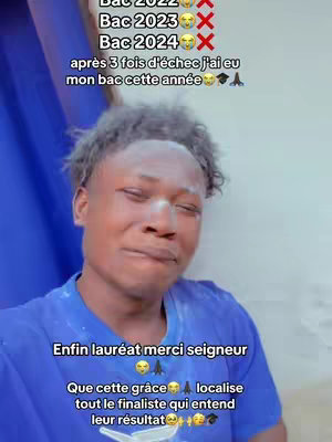 A young man with dark hair and a blue shirt is the central focus, his face displaying a mix of emotions suggesting tears and joy. Text overlays indicate past academic failures. Additional text at the bottom expresses gratitude for finally succeeding.