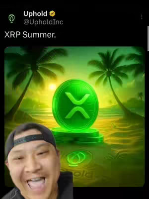 The cover image features a green illuminated XRP coin placed on a pedestal, with palm trees flanking it against a sunset sky. In the foreground, a man with a black cap and a wide grin fills the bottom portion of the frame.