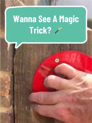 A close-up shot showing a hand reaching toward a wooden surface, with a red object in the foreground and a speech bubble overlay. The speech bubble states, "Wanna See A Magic Trick?" 