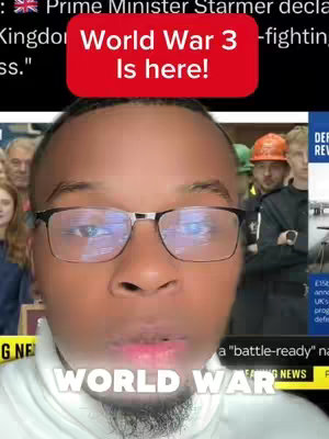 A man with glasses is looking at the camera, with text overlays declaring 'World War 3 Is here!'. The background shows news footage and a group of people.