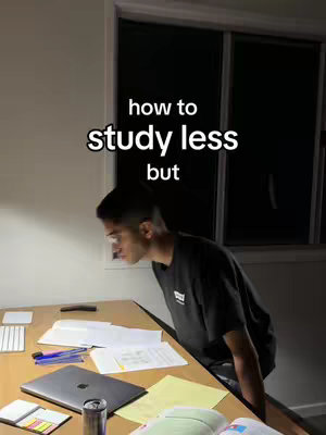 The cover image presents a dimly lit room with a desk. A young man leans over the desk, seemingly engrossed in studying papers. A laptop, an open book, and a can are visible on the desk, suggesting a study setup. The text overlayed on the image reads "how to study less but".