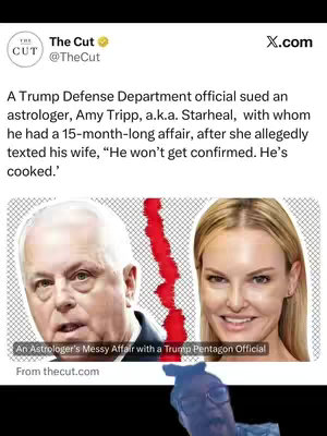 The image is a split screen. On the left, a man with a slightly confused expression, and on the right, a woman with a neutral expression. A red line splits their faces. There is also text from "The Cut" which is referencing the subject matter.