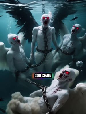 An image depicting four pale, humanoid figures with glowing red eyes and wings underwater. They are chained together with a thick silver chain, and their mouths are open in a scream. The background is a murky blue, suggesting deep water. The text overlay reads 'GOD CHAIN'.