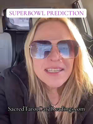 A woman wearing sunglasses is in the interior of a car with a sign that has 'SUPERBOWL PREDICTION' on the top of the image. The image is in front of a car, and the creator is looking forward and slightly to the left.