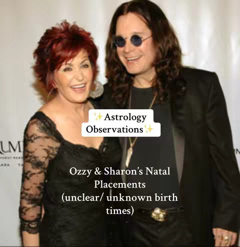 A photograph featuring Ozzy and Sharon Osbourne, standing close together and smiling. They are positioned in front of a blurred white background, suggesting a formal event. Ozzy, on the right, is wearing sunglasses and a black suit jacket over a black shirt, with a necklace visible. Sharon, on the left, is wearing a black dress and has short red hair. Text overlays present the topic and the subjects' names.