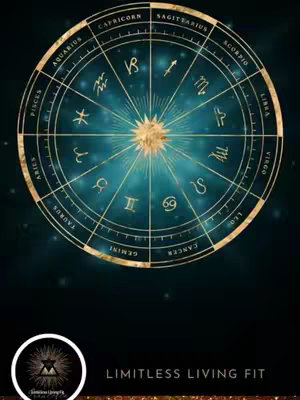 The image is a stylized zodiac wheel over a teal gradient background. Gold lines and symbols make up the zodiac signs. The name "LIMITLESS LIVING FIT" with a logo appears in the bottom center. The background has a teal to dark blue gradient and light dots.