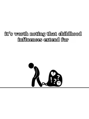 A minimalistic illustration on a white background featuring a stick figure trudging forward, chained to a black blob. The blob contains symbols such as a broken heart, question marks, an exclamation point, and a clock, alluding to psychological burdens and the passage of time, with text overlayed.