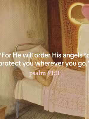 The image depicts a softly lit scene with a bed in the foreground. On the bed lies a person, covered by a white sheet, with a pillow supporting the head. Behind the headboard is a religious figure in what appears to be a glowing angel's form. The overall color palette is warm, with beige and muted gold tones dominating the setting.