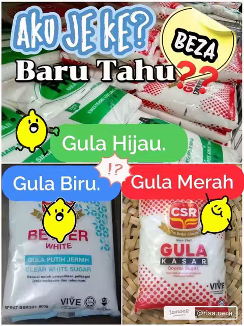 The cover image is a collage comparing different types of sugar based on their packaging colors: green, red, and blue. The image is split into several sections, with each showcasing a different packet of sugar. Brightly colored text overlays and cartoon lemon characters are added to highlight the comparison and present the differing features of the sugar types, similar to how people have different personalities despite their similar appearance.