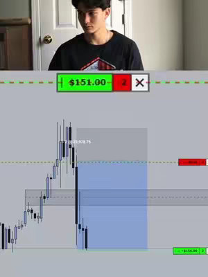 A young man in a dark t-shirt is centered at the top of the frame. Below him, a financial trading interface shows trading charts. A green rectangle shows a positive value. The color palette includes light grey, green, and red.