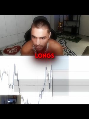 The cover image is a split screen, with the top half showing a man seated and shirtless, wearing a silver chain, and a lower half with a stock chart with the word 'LONGS' overlaid on the man. The man is looking downward, possibly at the chart, and the background appears to be the corner of an office or room.