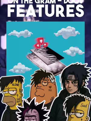 The image is a collage featuring multiple cartoon characters arranged against a blue background with white cloud graphics. In the center is a smartphone with a digital piece of art or a photo overlaid on the screen, adorned with floating animated heart icons. The cartoon characters in the foreground include Homer Simpson, Peter Griffin, Bart Simpson, Rick, and Sasuke, each with unique clothing and tattoo-style additions to their appearance. The background is a dark blue, and the overall design gives the impression of a modern pop-art style.