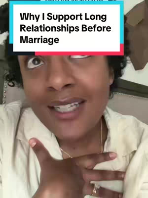 A selfie-style video cover image featuring a woman with a soft, natural complexion and dark curly hair. She's looking upwards with a slight smile. A rectangular text overlay at the top reads, 'Why I Support Long Relationships Before Marriage.' The background shows the interior of a room, with a soft lighting and cozy atmosphere.