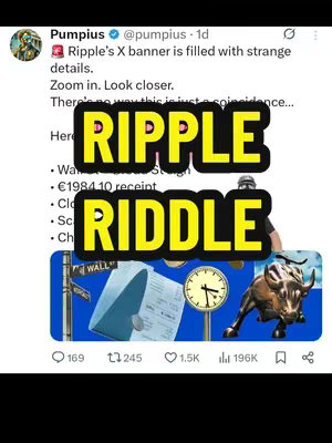 The cover image is a screenshot of a Twitter post. A yellow banner with the word "RIPPLE" in large letters and another with the word "RIDDLE" are overlaid on the image, obscuring much of the text and graphics. Below the banner is a collage of images including a Wall Street sign, a receipt, a clock, and a bull statue. The background is a blue gradient. The layout is centered, focusing on the overlaid text.